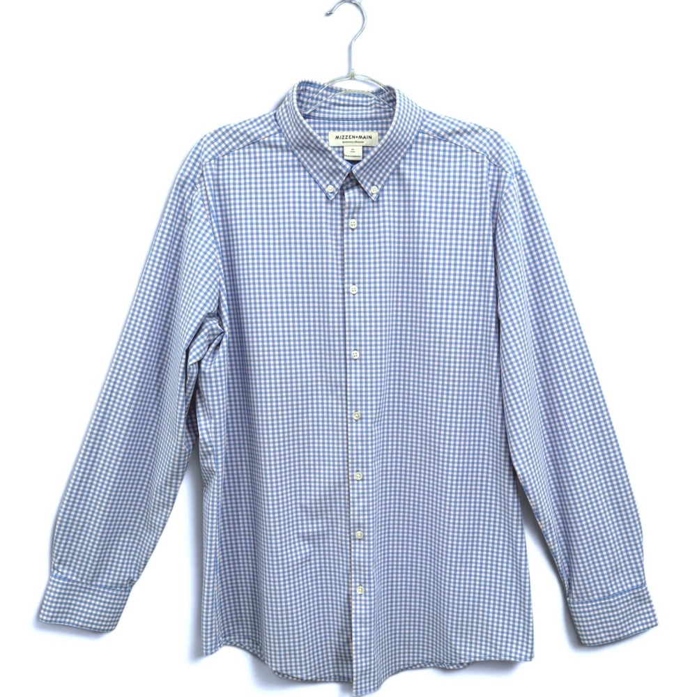 Mizzen+Main Button Front Shirt Mens XL Blue Gingham Performance Trim Fit LS